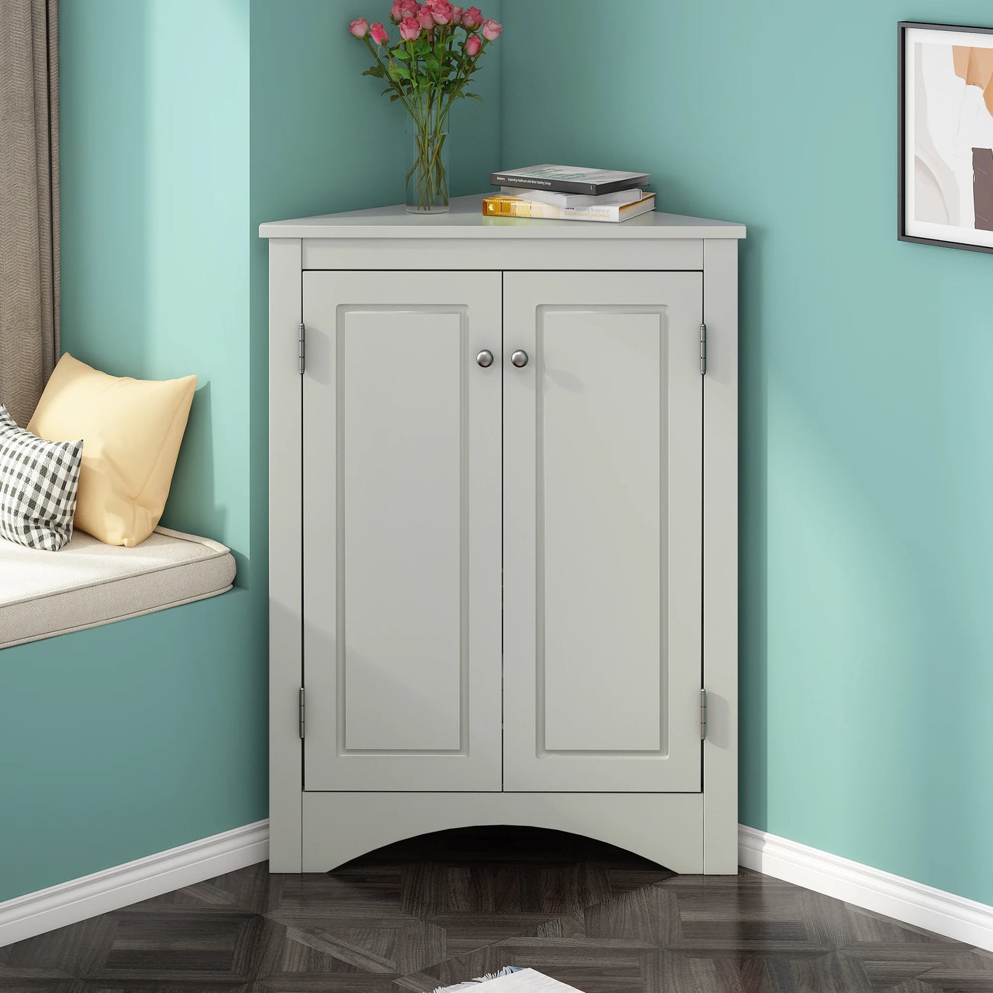 Grey color  Triangle Bathroom Storage Cabinet with Adjustable Shelves, Freestanding Floor Cabinet for Home Kitchen