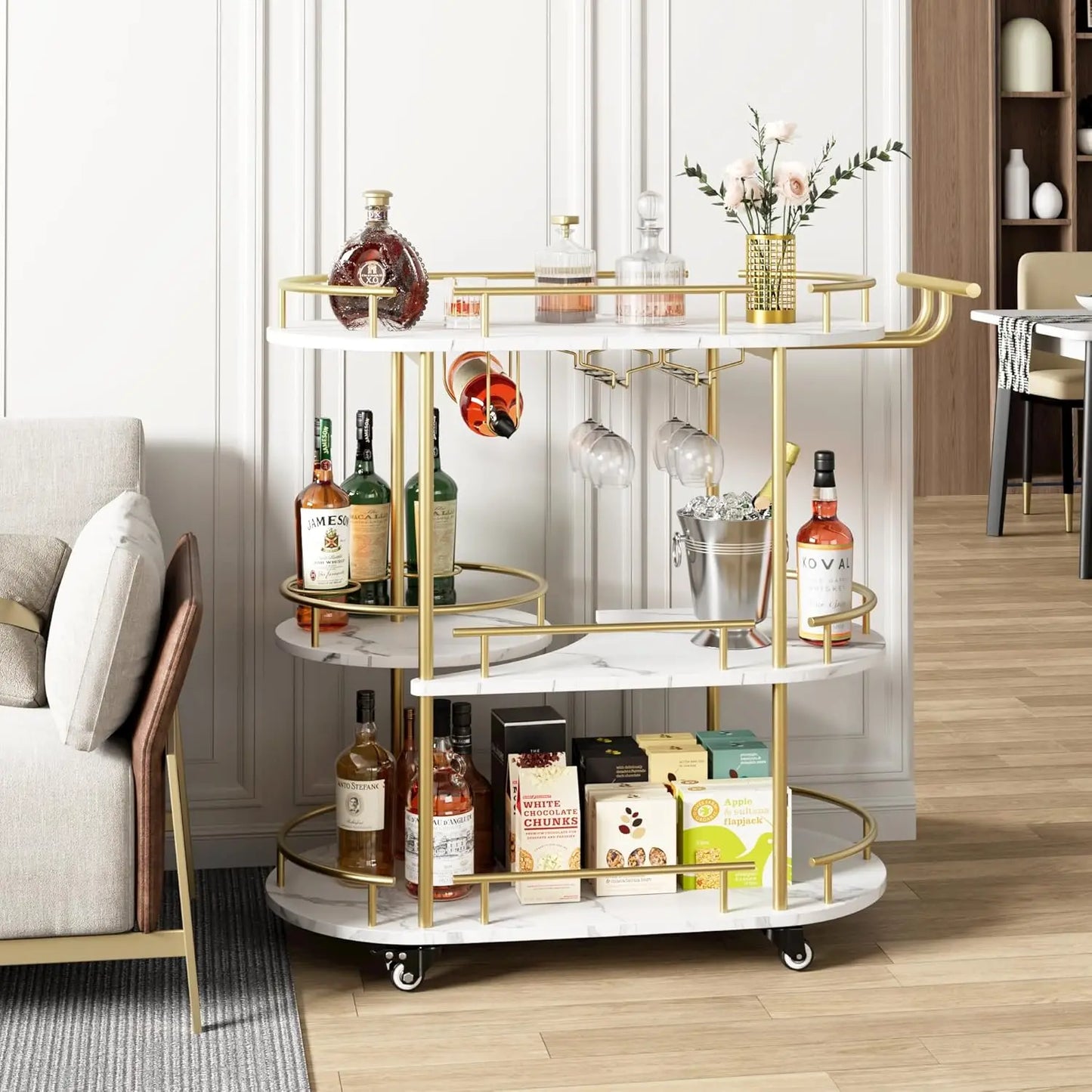 Gold Bar Carts with 4-Tiers Storage Shelves Mobile Bar Seving Carts On Wheels with Wine Rack and Glass Holder for Kitchen