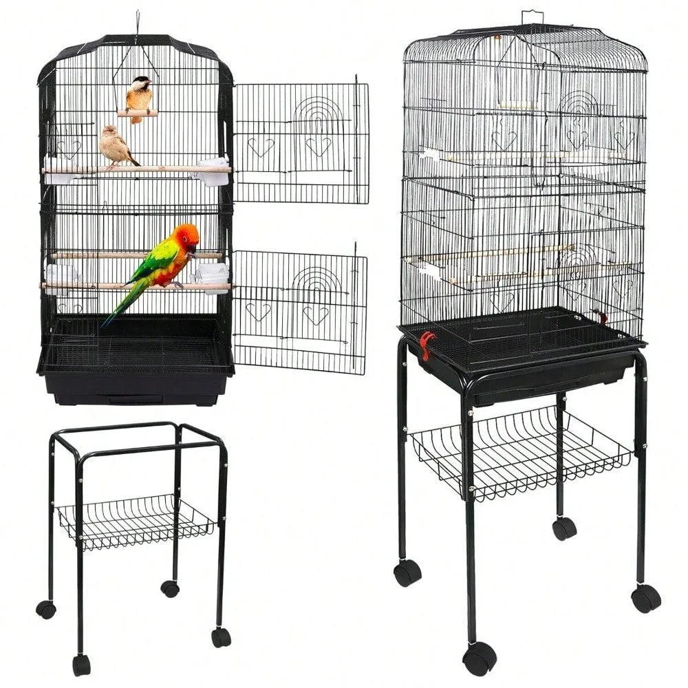 59''H Rooling Bird Cage Cockatiel Parakeet Finch Canary Home with Stand & Tray