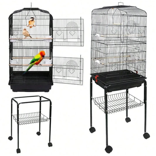 59''H Rooling Bird Cage Cockatiel Parakeet Finch Canary Home with Stand & Tray