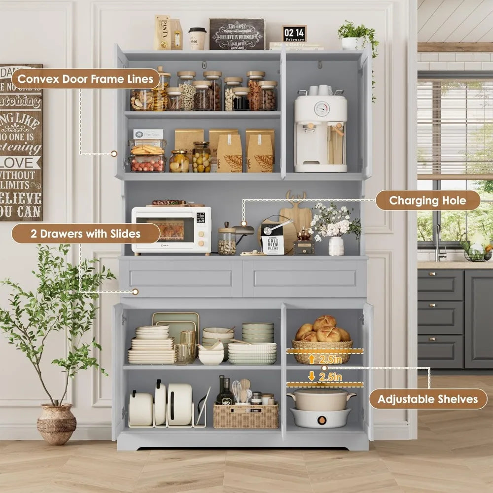 74" Pantry Cabinet, Tall Kitchen Pantry Cabinet with 6 Doors and 2 Drawers, Kitchen Hutch, Modern Kitchens Cupboard