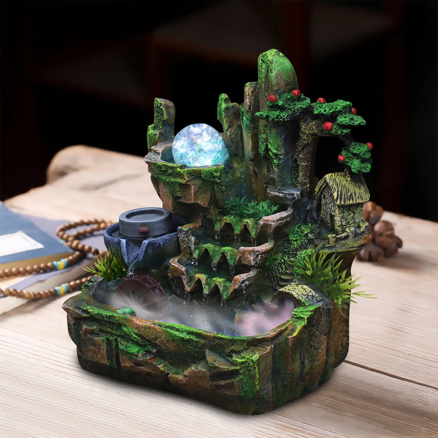 Feng Shui Water Fountain Desktop Color Changing LED Lights 110V US Plug Rustic Resin Office Decor Flowing Waterfall 26x20x28cm