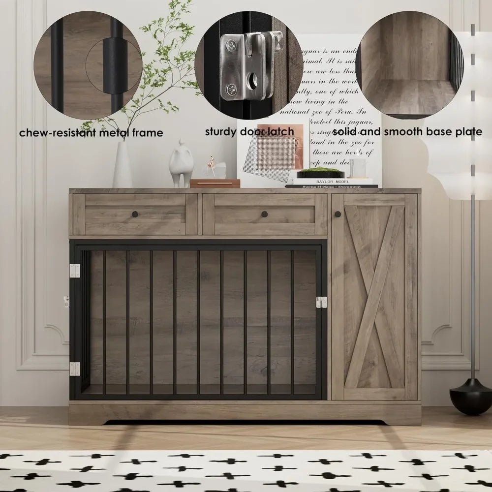 Wooden Dog Crate Furniture, Double Door Pet Kennel with 2 Drawers & Storage Cabinet, Farmhouse Style