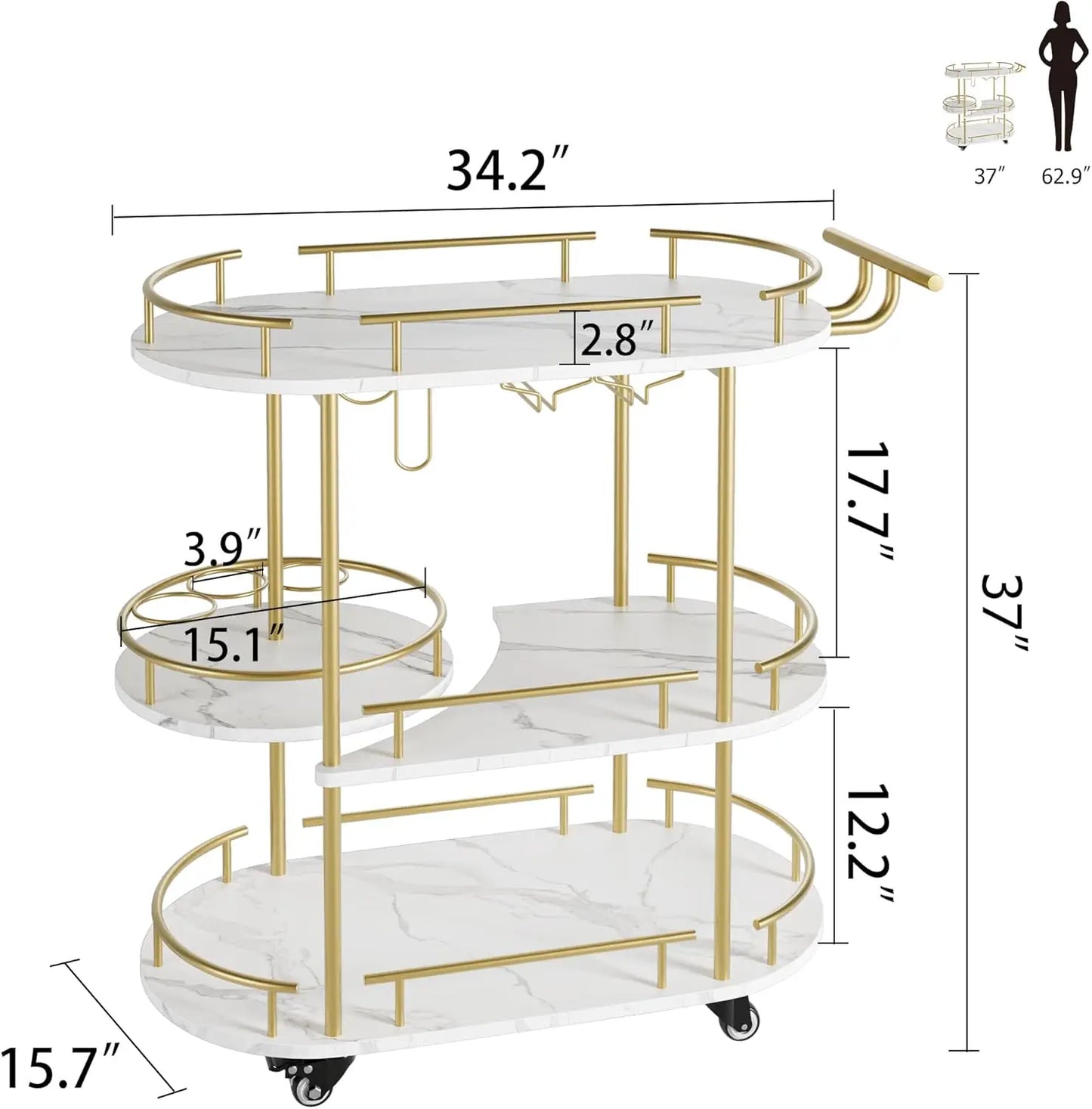 Gold Bar Carts with 4-Tiers Storage Shelves Mobile Bar Seving Carts On Wheels with Wine Rack and Glass Holder for Kitchen