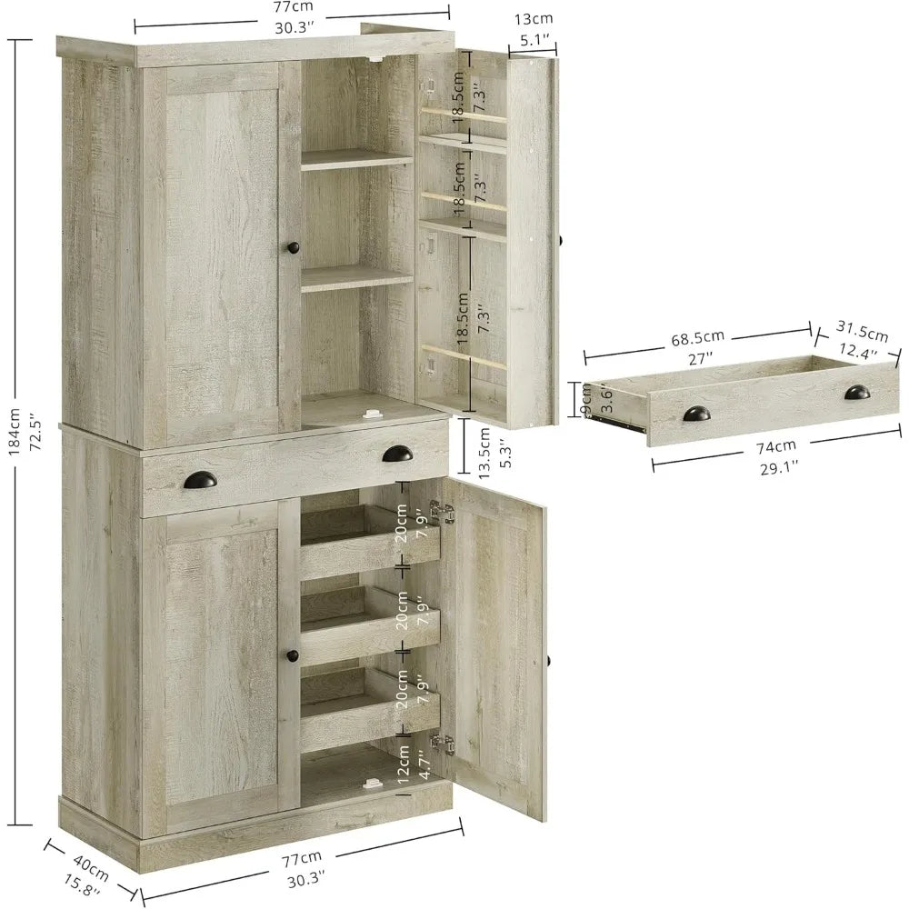 Kitchen Pantry Cabinet 72" Height, Freestanding Cupboard with Drawer, Sliding Storage Rack, and 6 Hanging Shelves, Cabinetry