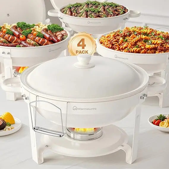 Round Chafing Dishes for Buffet (5QT, 4 Pack)-Maifanite-Coated, Food-Grade Stainless Steel, Rolled Edge Design, Lid Holder, Chaf