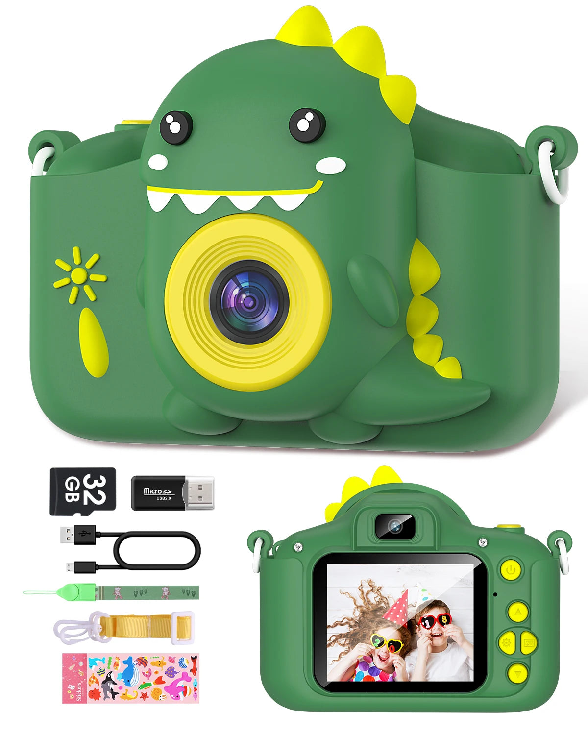 Kids Dinosaur Camera Portable Selfie Camera 1080P HD Digital Camera With 32GB Card Gift For Children Aged 3-12