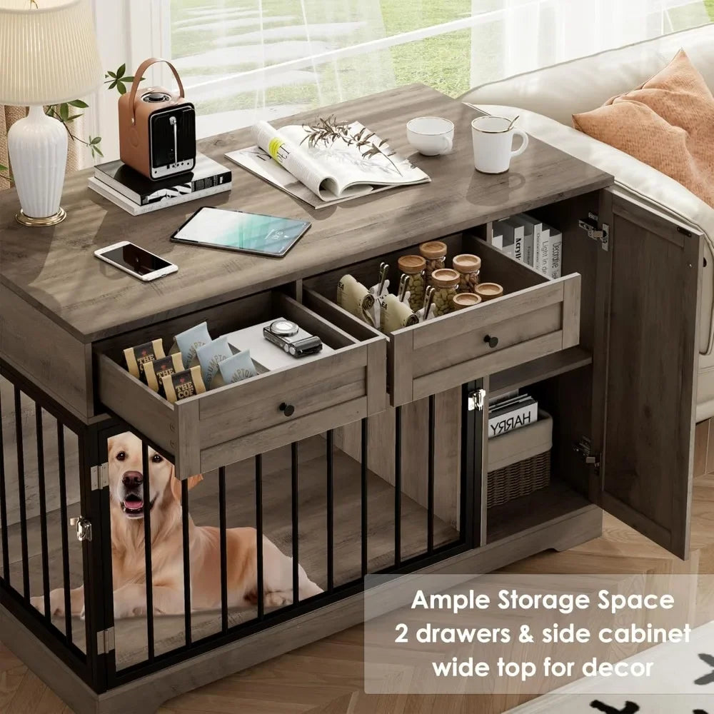 Wooden Dog Crate Furniture, Double Door Pet Kennel with 2 Drawers & Storage Cabinet, Farmhouse Style