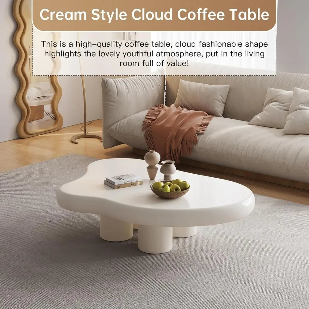 Cream White Coffee Table, 36 Inch Cloud Coffee Table, Living Room Table with 4 Legs