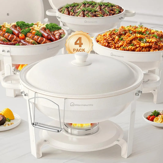 Round Chafing Dishes for Buffet (5QT, 4 Pack)-Maifanite-Coated, Food-Grade Stainless Steel, Rolled Edge Design, Lid Holder, Chaf