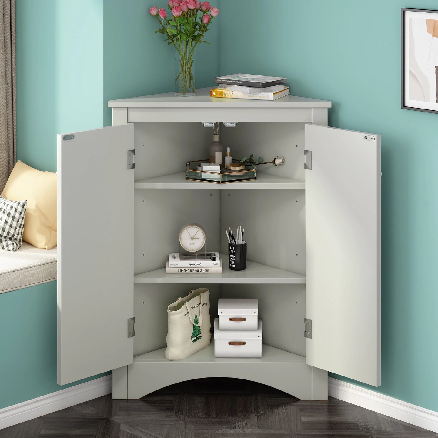 Grey color  Triangle Bathroom Storage Cabinet with Adjustable Shelves, Freestanding Floor Cabinet for Home Kitchen