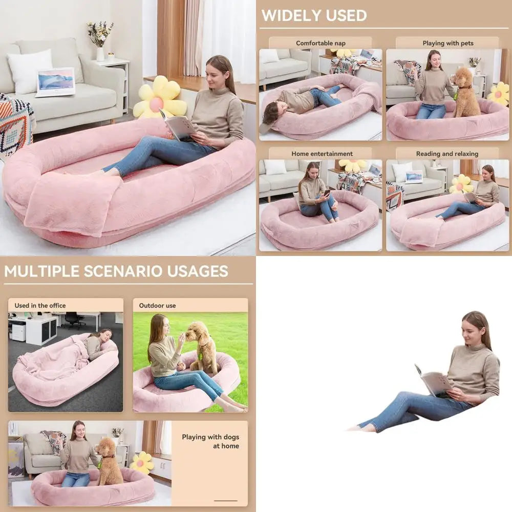 Jumbo Plush Dog Bed for Humans & Pets, 77x51x11, Elevated Edge, Removable Cover, Waterproof, with Bonus Blanket
