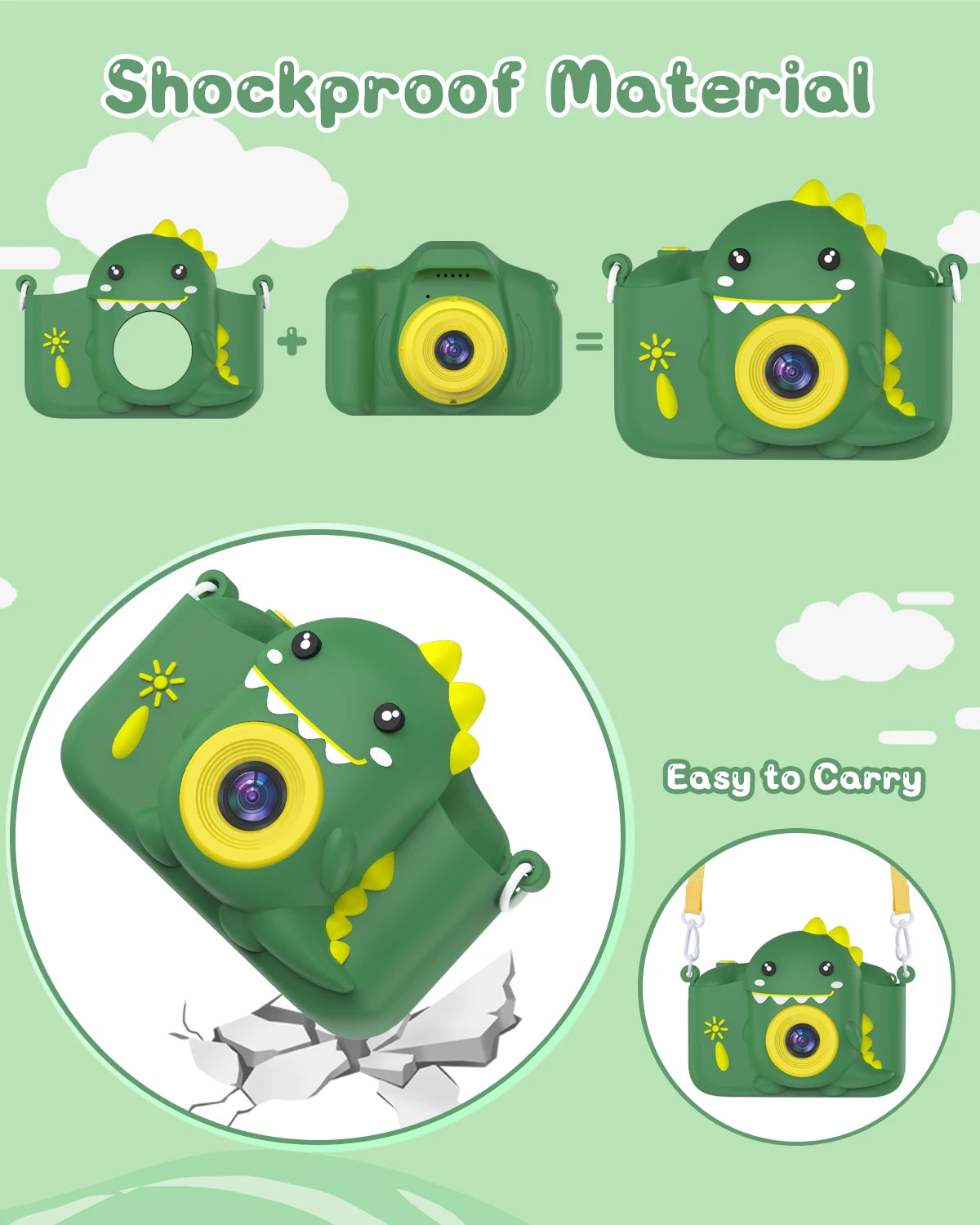 Kids Dinosaur Camera Portable Selfie Camera 1080P HD Digital Camera With 32GB Card Gift For Children Aged 3-12