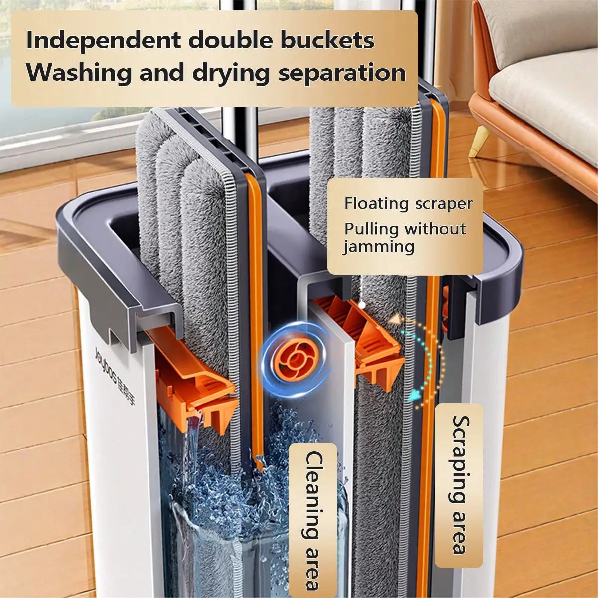 1 Pc Flat Mop And Bucket Set, With 2PCS Washable Composite Microfiber Mops Pad, With Self-Cleaning System, With Self-Wringing