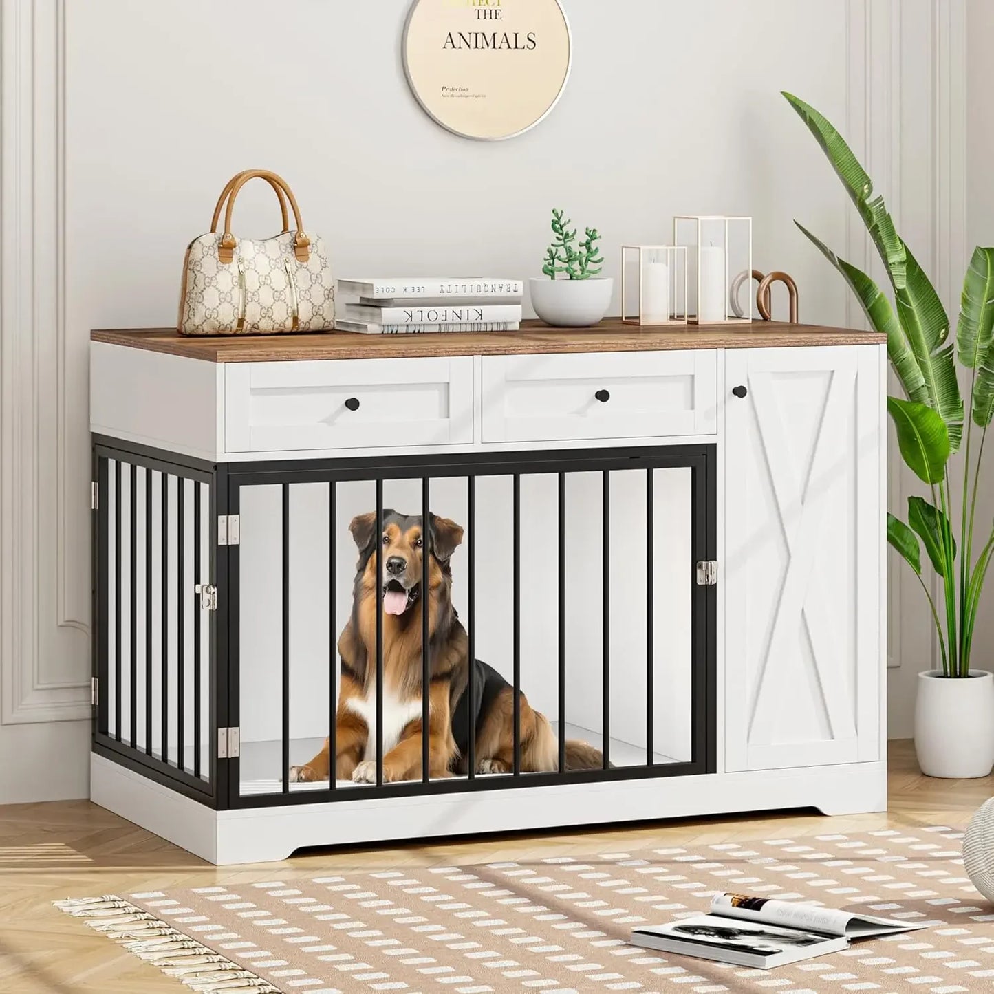 Wooden Dog Crate Furniture, Double Door Pet Kennel with 2 Drawers & Storage Cabinet, Farmhouse Style