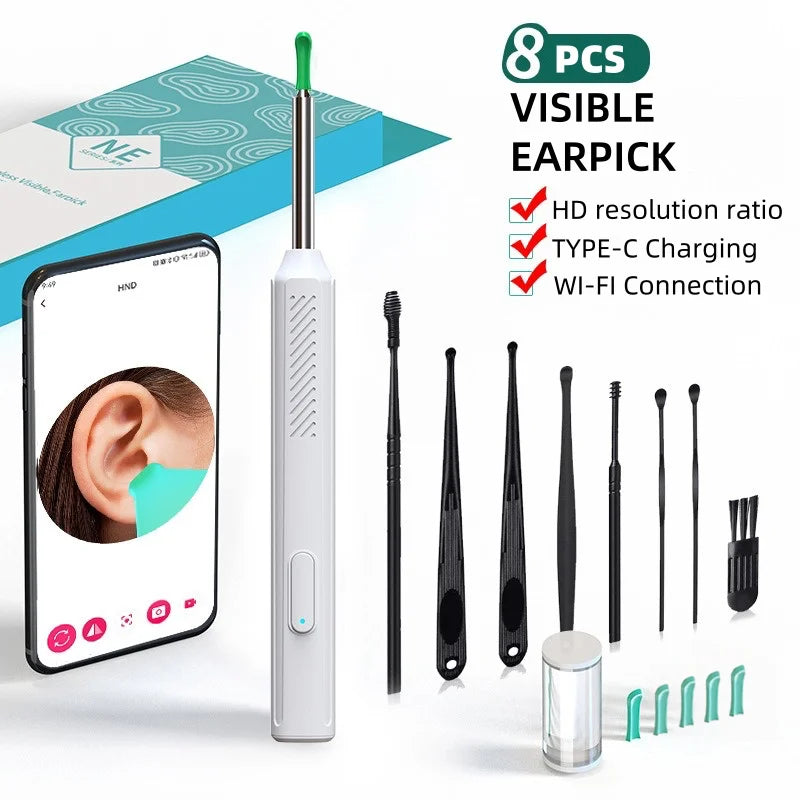 Ear wax removal camera tool set, 1080P high-definition, LED light, APP viewing, with 6 replaceable spoon heads, USB charging