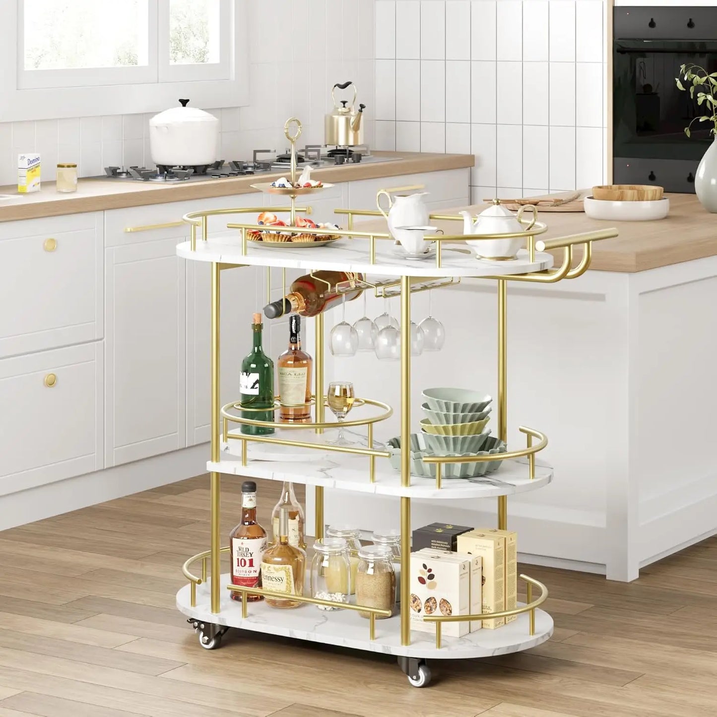 Gold Bar Carts with 4-Tiers Storage Shelves Mobile Bar Seving Carts On Wheels with Wine Rack and Glass Holder for Kitchen