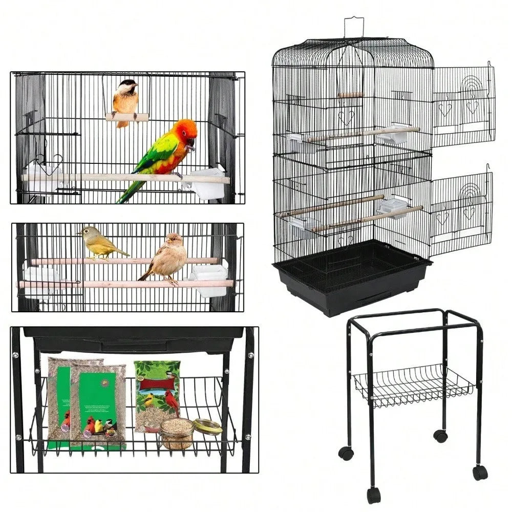 59''H Rooling Bird Cage Cockatiel Parakeet Finch Canary Home with Stand & Tray