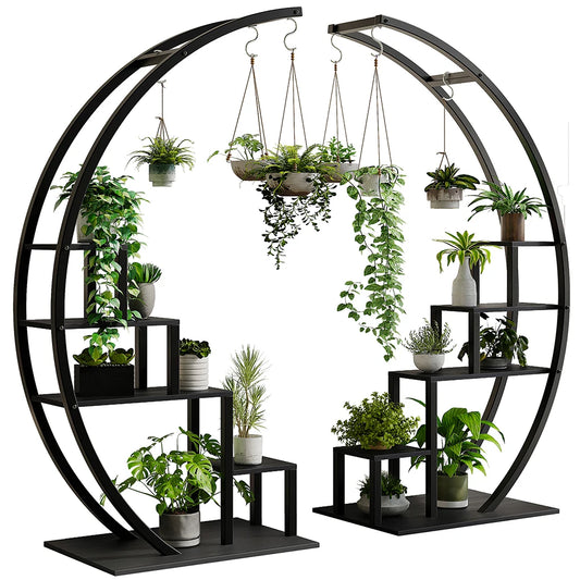 5-Tier Metal Plant Stand Indoor, Half Moon Shape Tall Garden Plant Holder, Round Flower Shelf Rack with 6 Hanging Hooks for Home