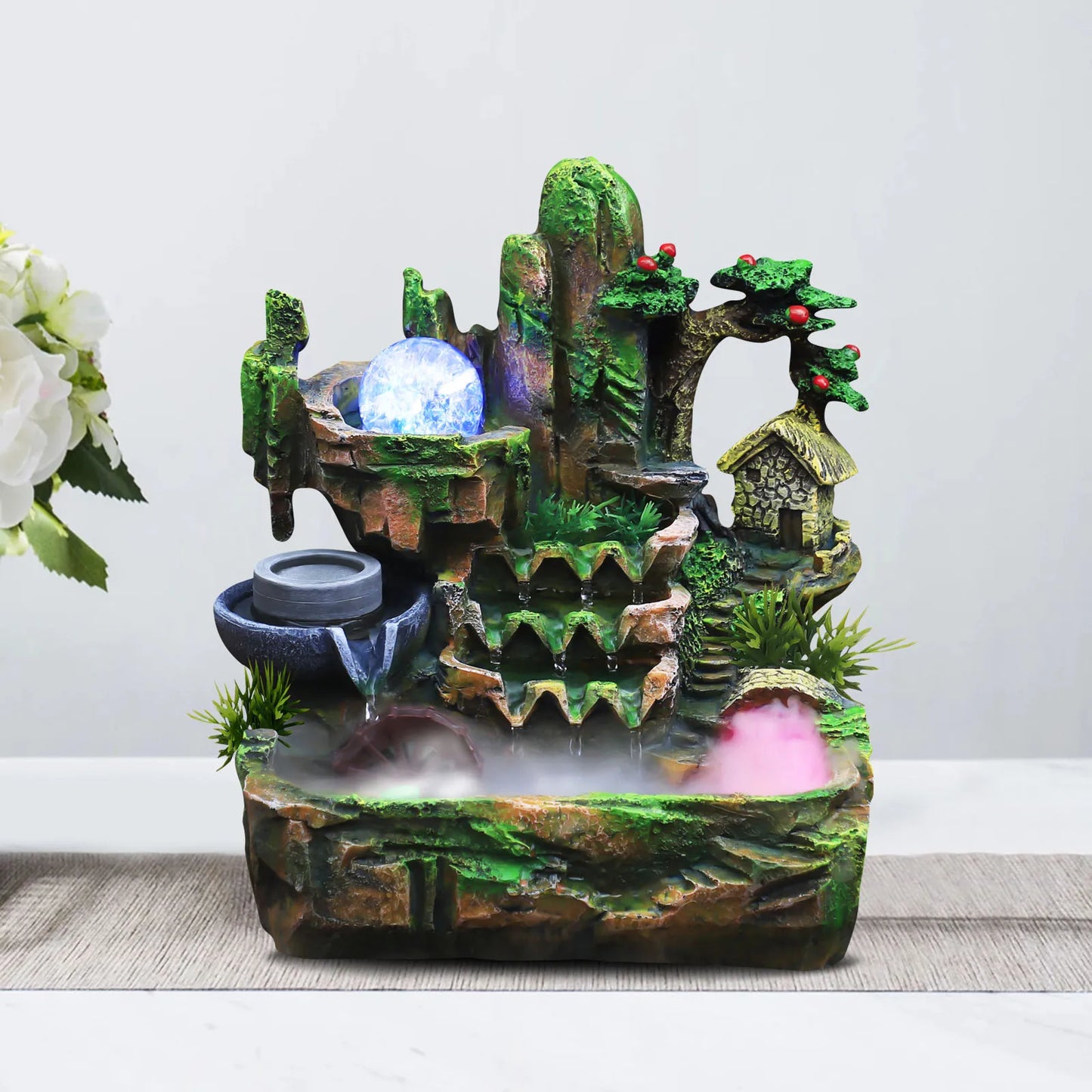 Feng Shui Water Fountain Desktop Color Changing LED Lights 110V US Plug Rustic Resin Office Decor Flowing Waterfall 26x20x28cm