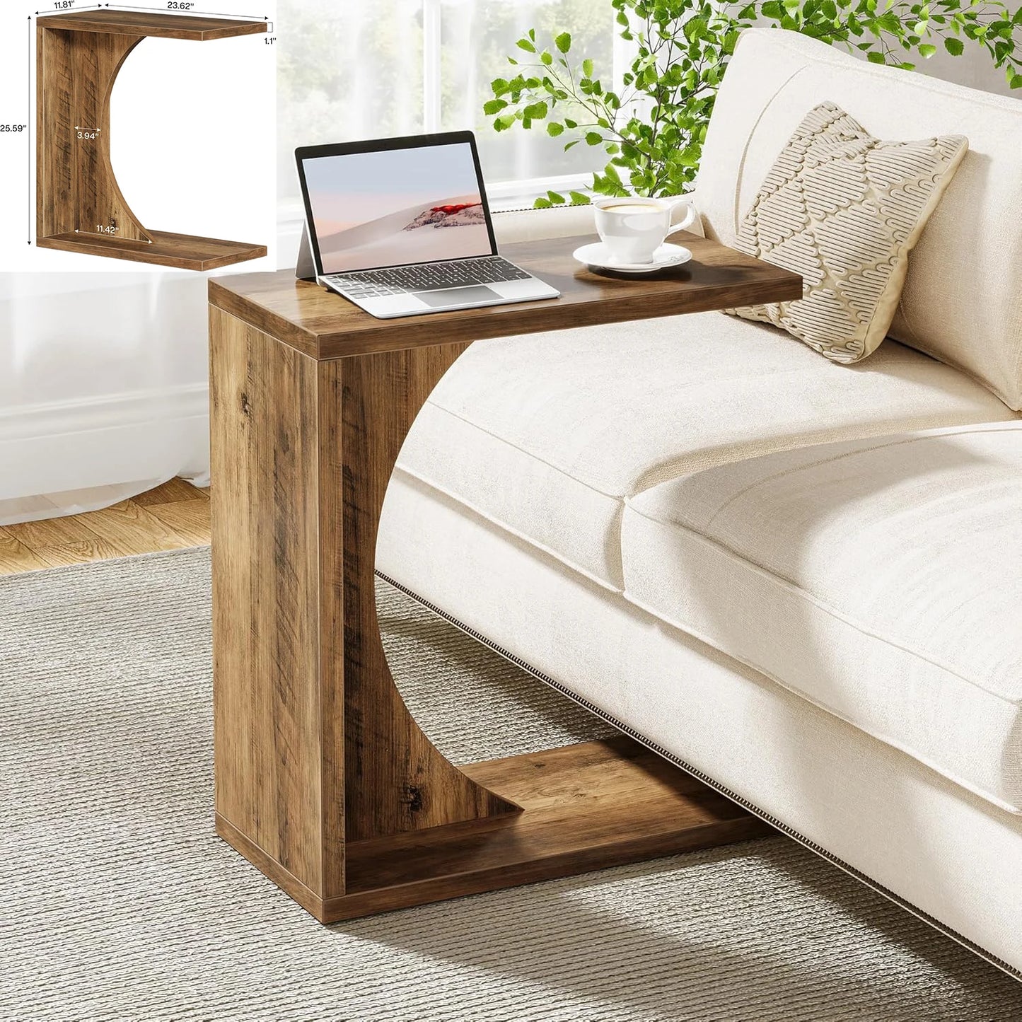 Round End/Side Table, Wooden C-Shaped End Table, Mid-Century End Table, Boho Side Table for Living Room & Bedroom