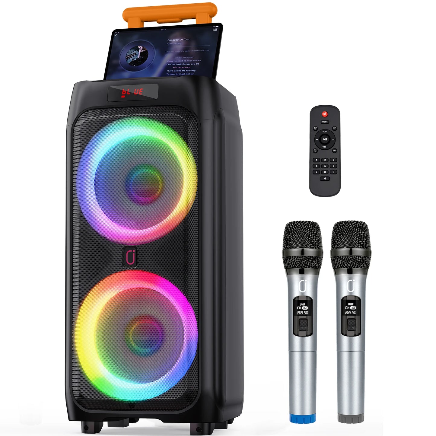 Karaoke Machine with 2 Wireless Microphones, Portable Bluetooth Speaker for Adults & Kids, Big Party PA System with Disco Lights