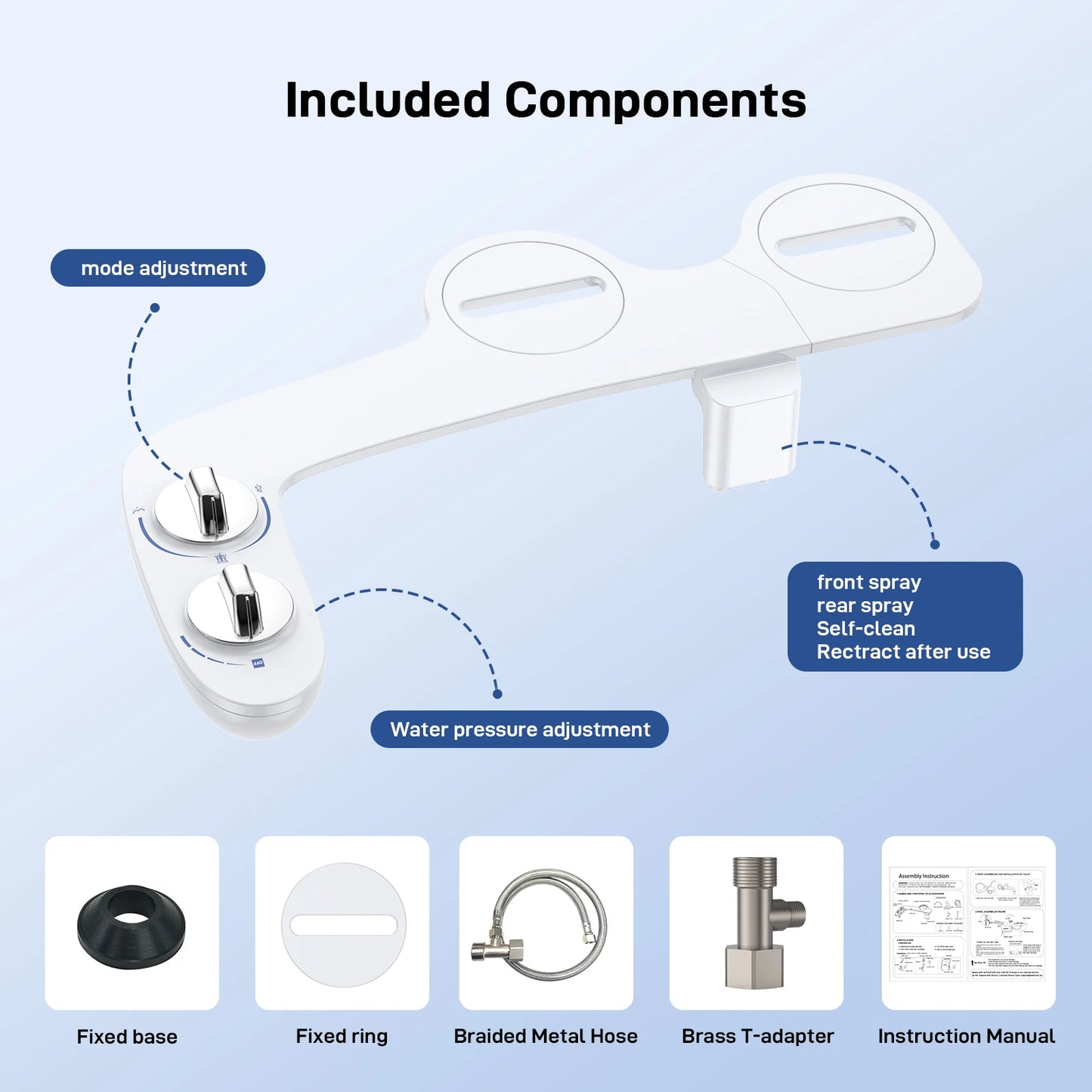 Bidet Attachment for Toilet, Fresh Water Non-Electric Bidet Attachment, Adjustable Water Pressure, Self-Cleaning Dual Nozzles