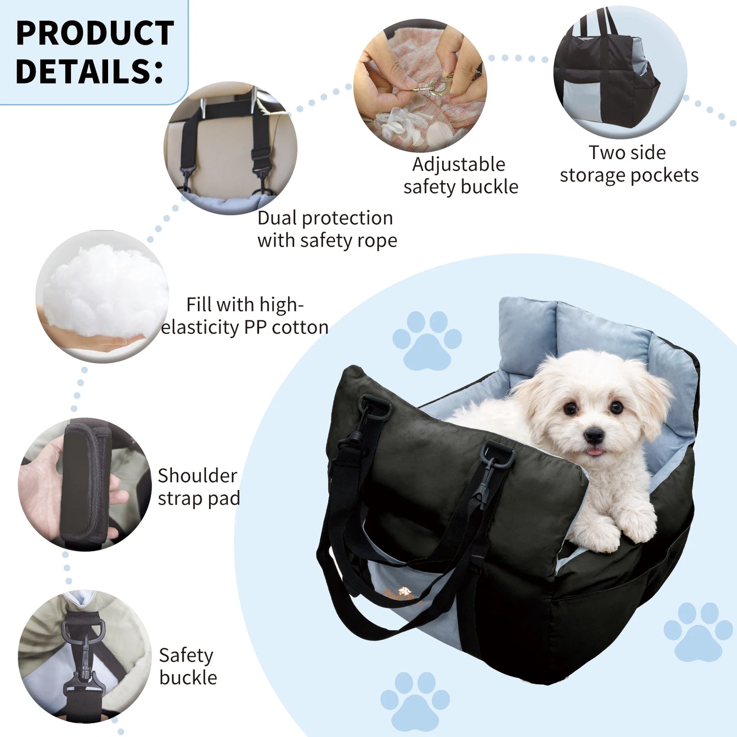 Dog Car Travel Bed Carrier With ClipOn Leash And Pockets