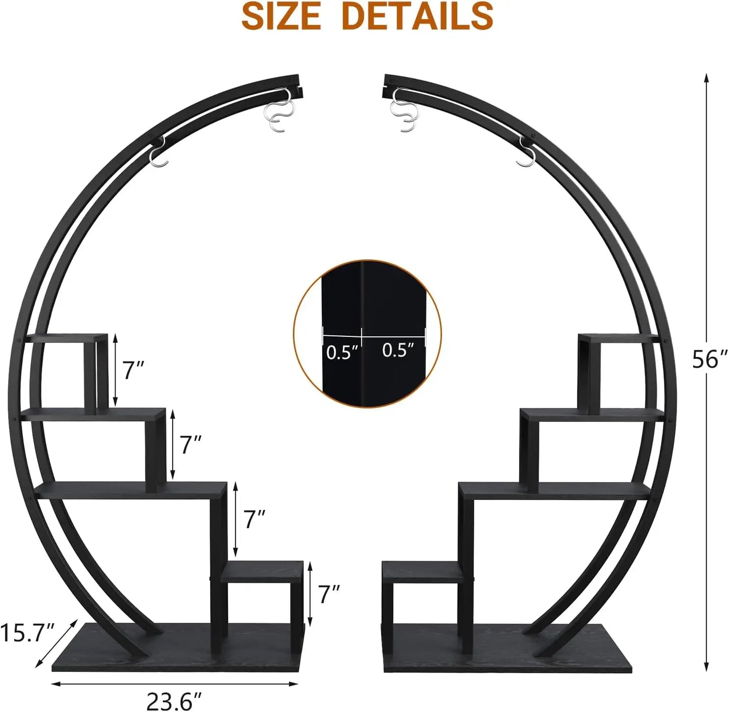 5-Tier Metal Plant Stand Indoor, Half Moon Shape Tall Garden Plant Holder, Round Flower Shelf Rack with 6 Hanging Hooks for Home