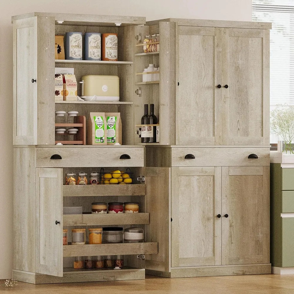 Kitchen Pantry Cabinet 72" Height, Freestanding Cupboard with Drawer, Sliding Storage Rack, and 6 Hanging Shelves, Cabinetry
