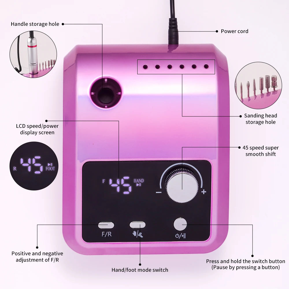 Electric Nail Drill Machine Professional 45000RPM Electric E File with LCD Display for Acrylic Gel Polishing Removing Manicure