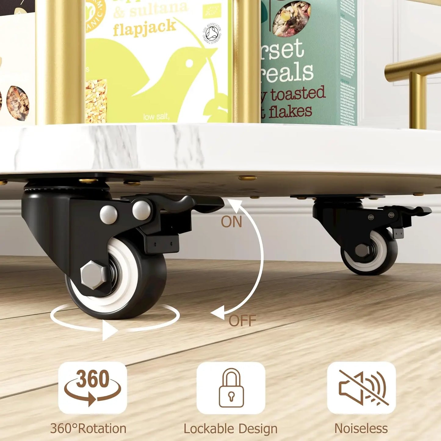 Gold Bar Carts with 4-Tiers Storage Shelves Mobile Bar Seving Carts On Wheels with Wine Rack and Glass Holder for Kitchen