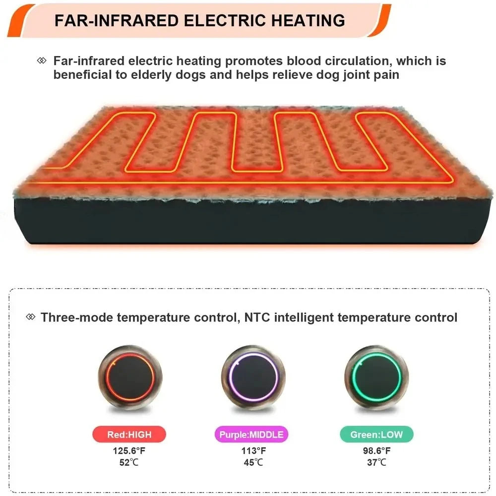 Heated Dog Bed with12V～24V Safe Voltage, Electric Heating Arthritis Orthopedic Dog Bed with Thickened Memory Foam, Heated Pet Be