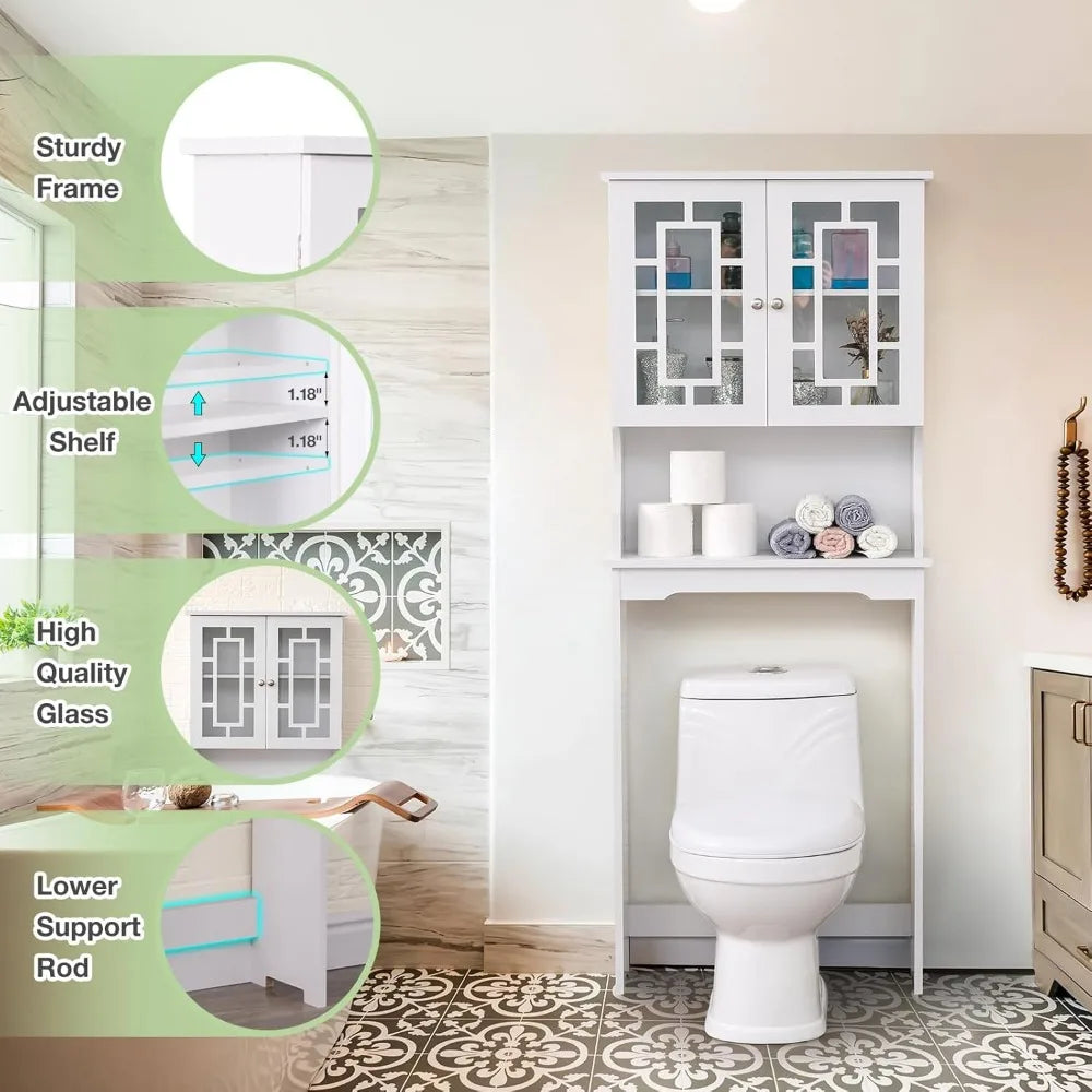 Over-the-Toilet Wooden Storage Cabinet with Adjustable Shelf and 2 Glass Doors - Space-Saving Bathroom Organizer and Home Storag