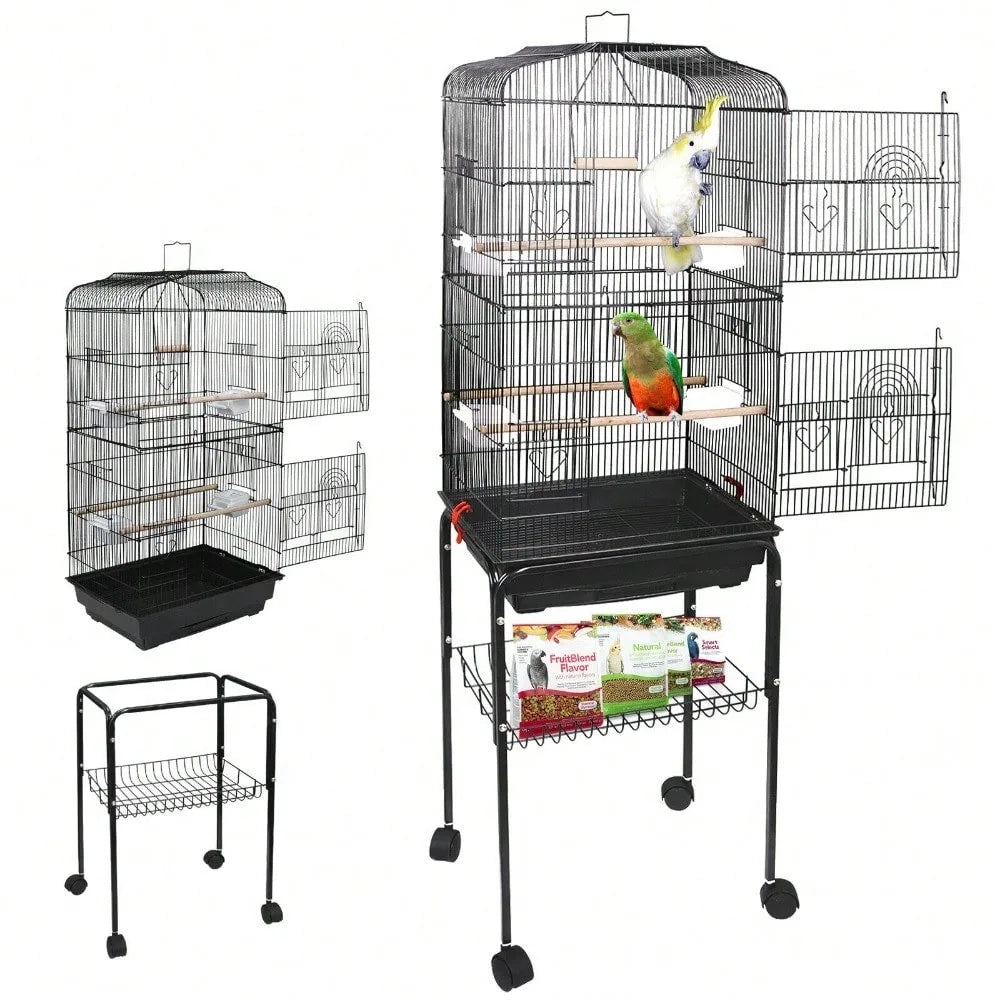 59''H Rooling Bird Cage Cockatiel Parakeet Finch Canary Home with Stand & Tray