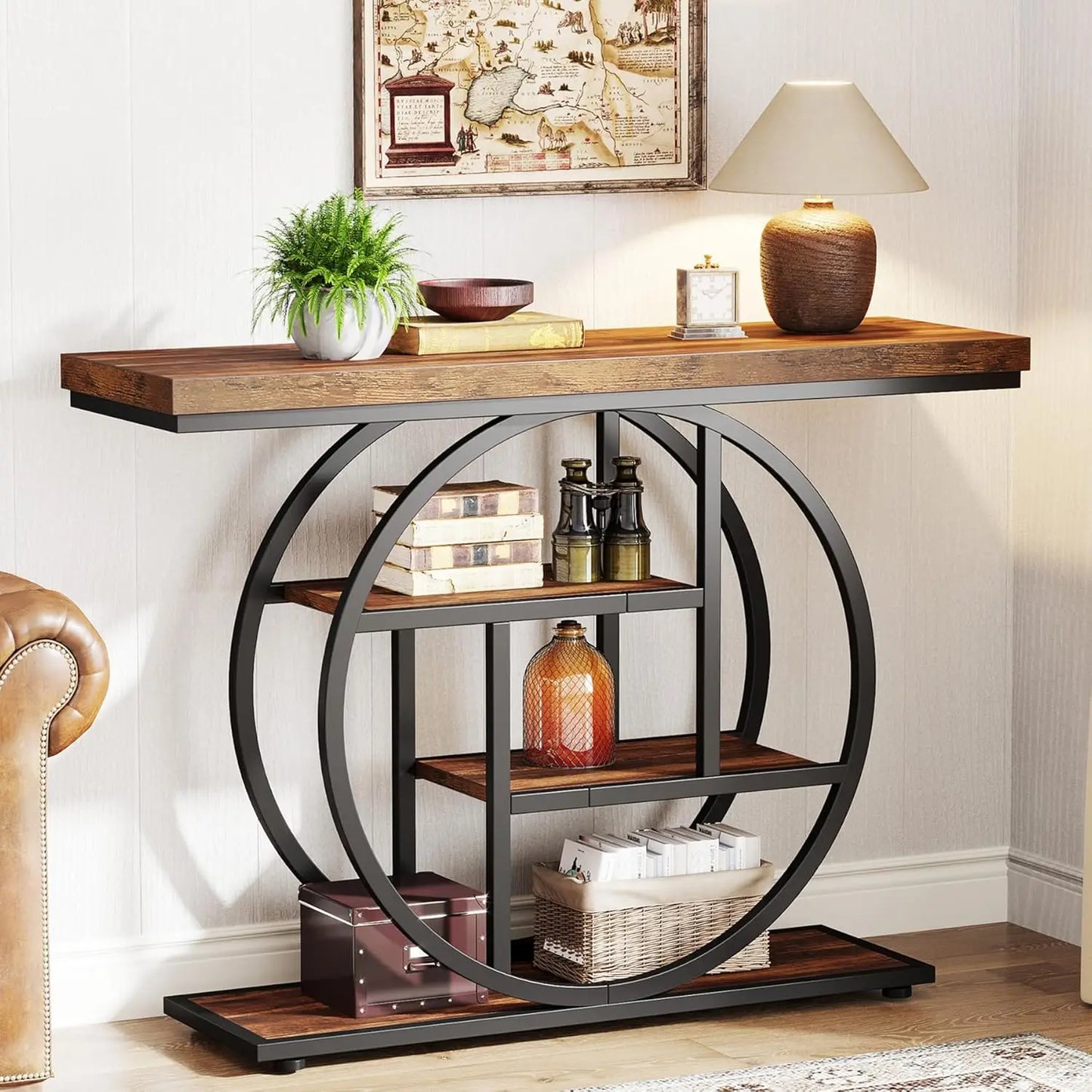 41.3 Inch Console Table, Industrial Style Four Tier Sofa Table Entry Table with Round Base with Storage Shelf