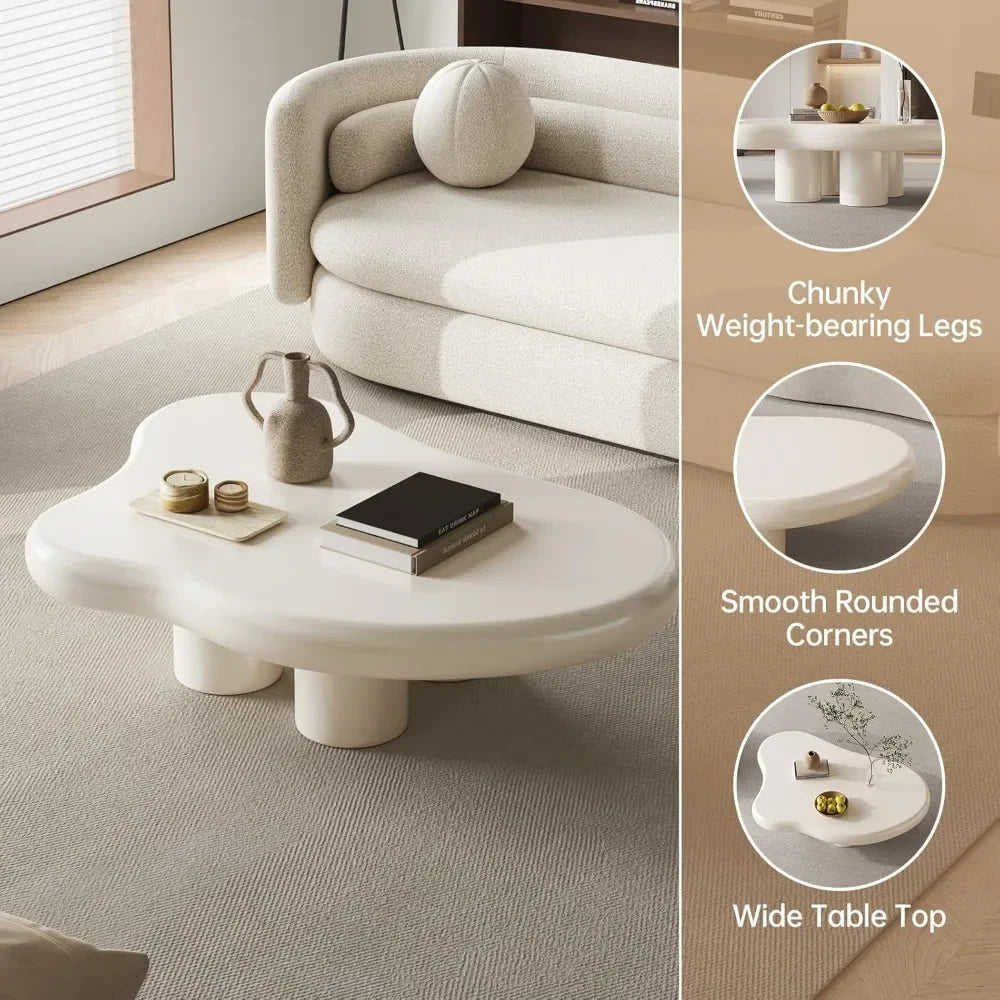 Cream White Coffee Table, 36 Inch Cloud Coffee Table, Living Room Table with 4 Legs