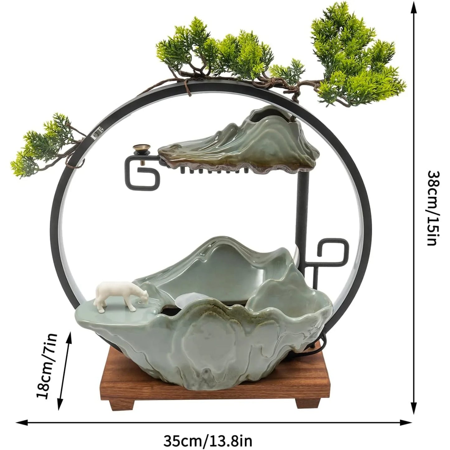 Tabletop Water Fountain Indoor Waterfall with Round Led Light & Mist Maker and Incense Holder for Home Office Decor for Good Luck