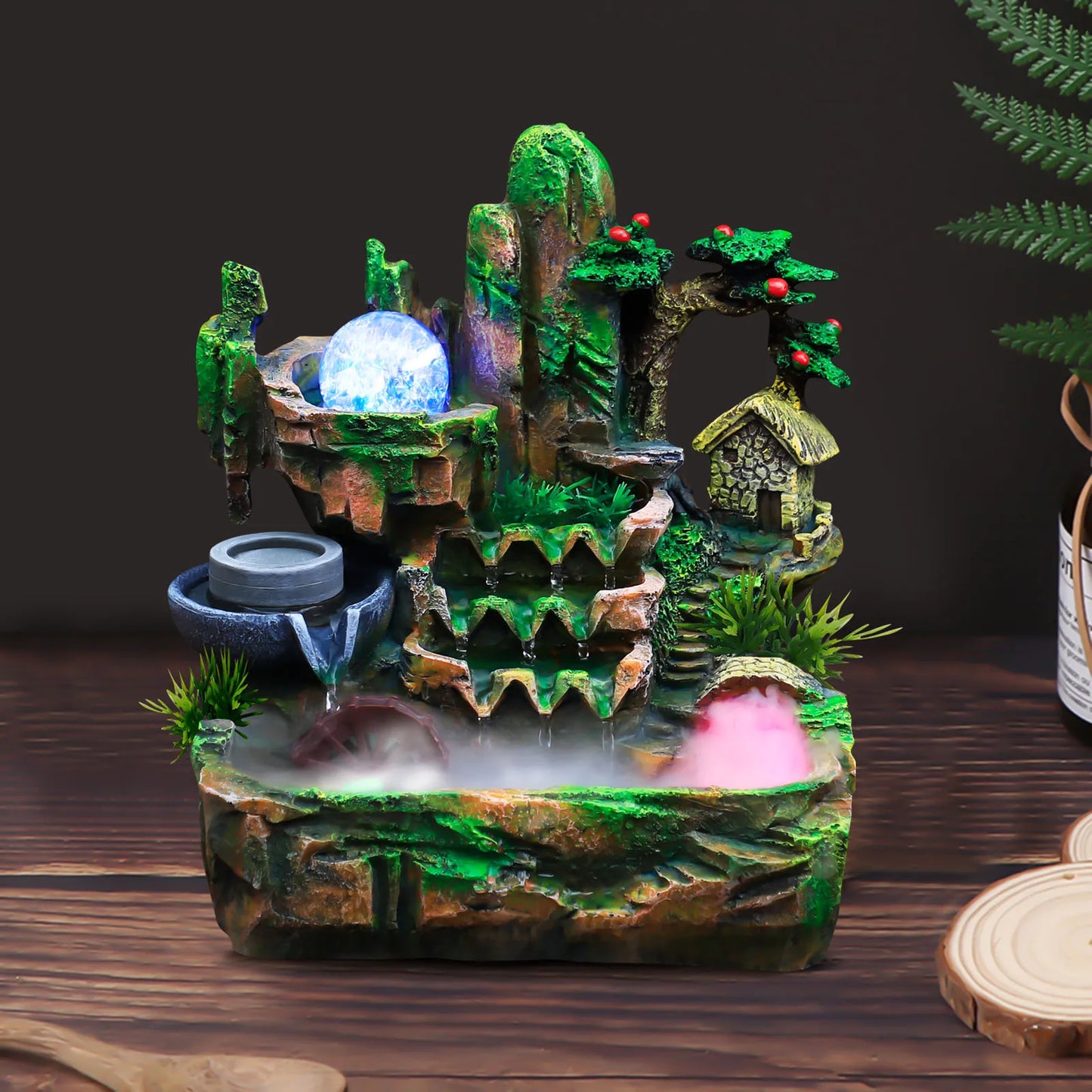 Feng Shui Water Fountain Desktop Color Changing LED Lights 110V US Plug Rustic Resin Office Decor Flowing Waterfall 26x20x28cm