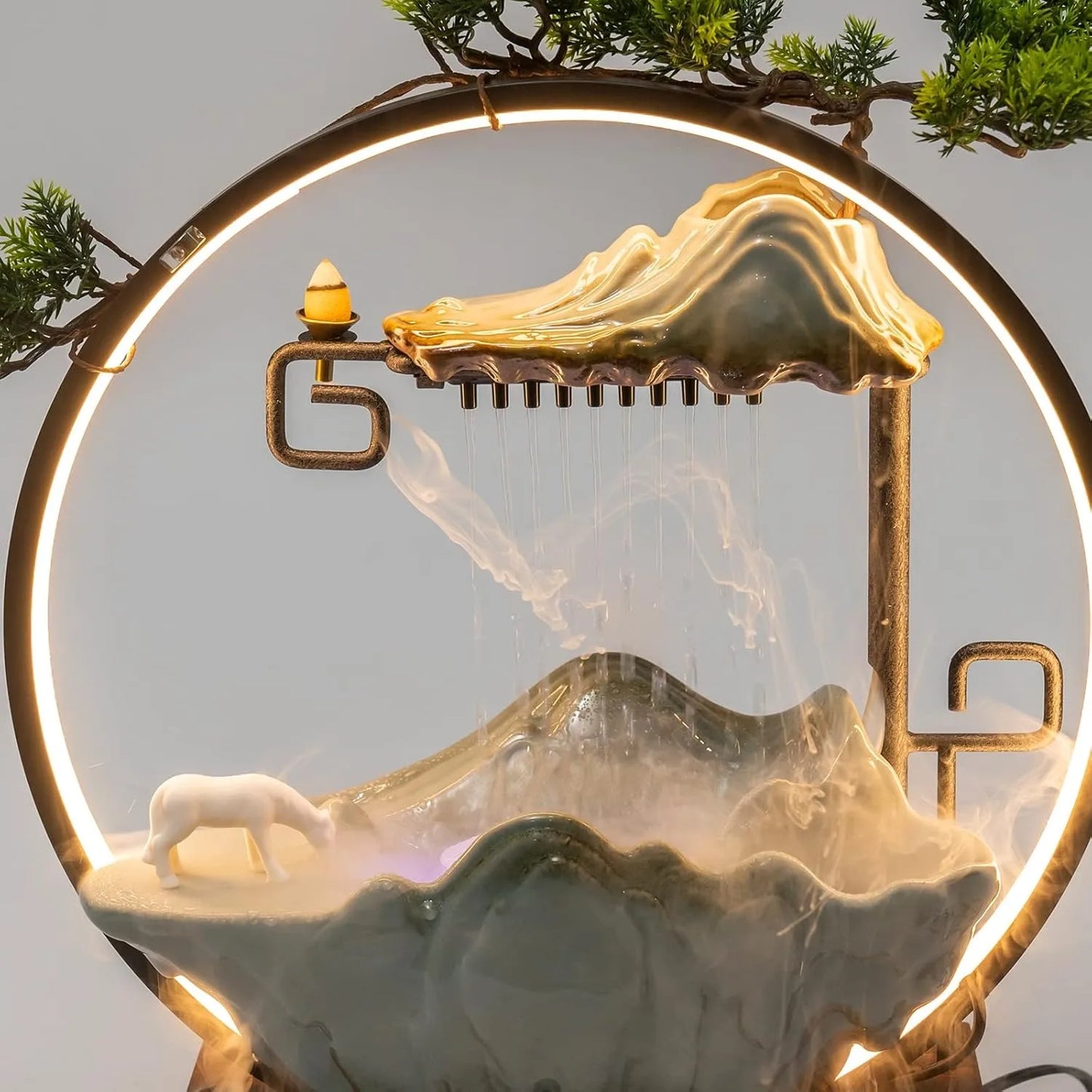 Tabletop Water Fountain Indoor Waterfall with Round Led Light & Mist Maker and Incense Holder for Home Office Decor for Good Luck
