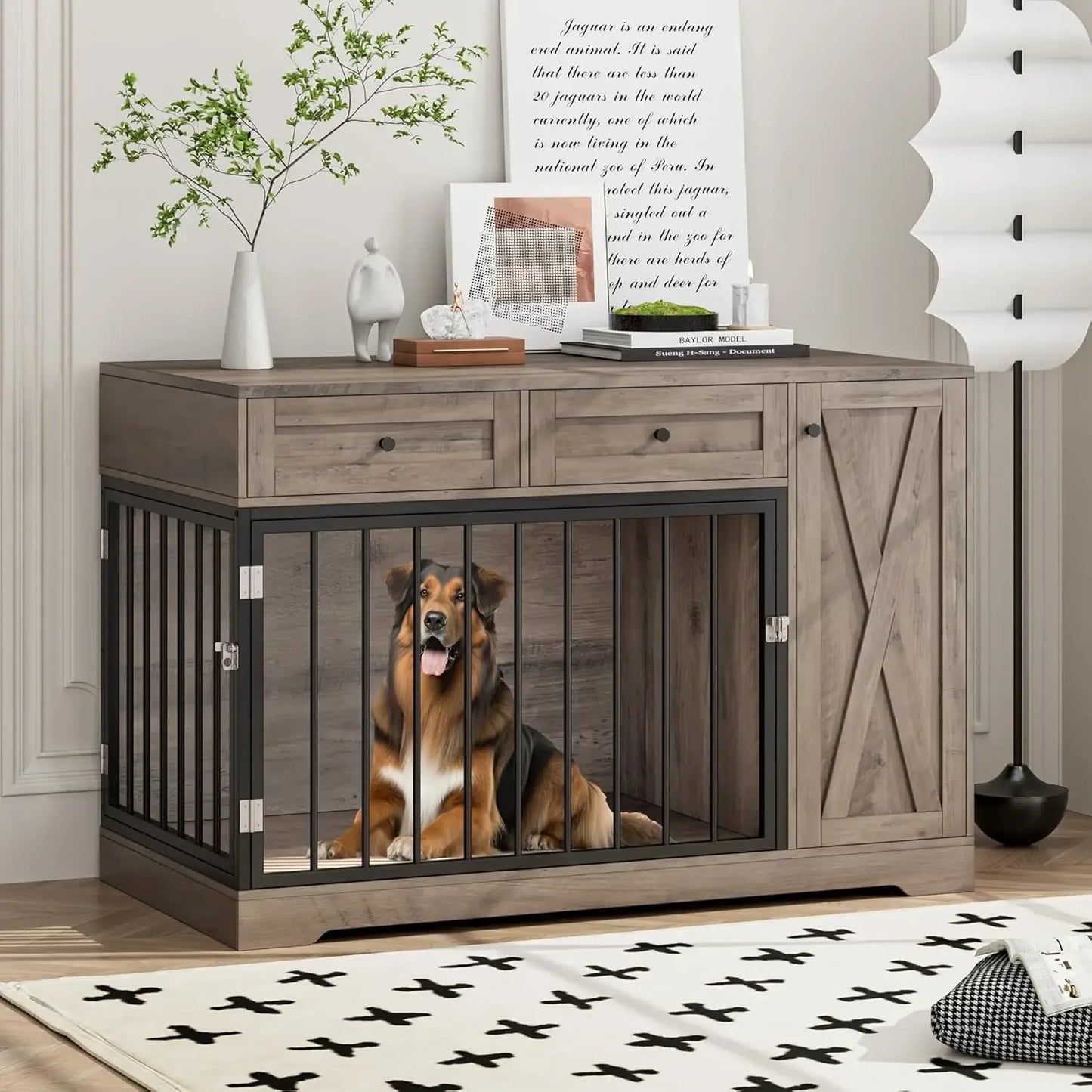 Wooden Dog Crate Furniture, Double Door Pet Kennel with 2 Drawers & Storage Cabinet, Farmhouse Style