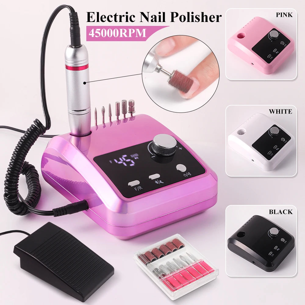 Electric Nail Drill Machine Professional 45000RPM Electric E File with LCD Display for Acrylic Gel Polishing Removing Manicure