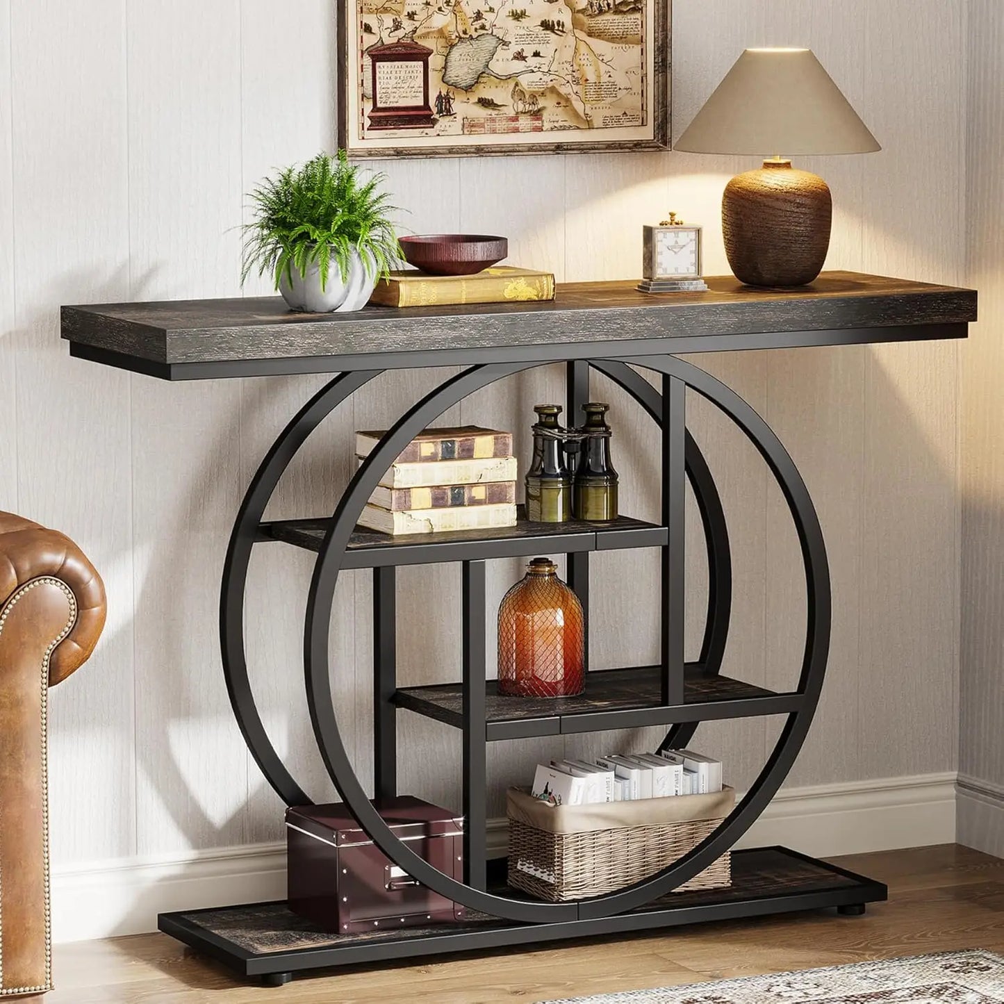 41.3 Inch Console Table, Industrial Style Four Tier Sofa Table Entry Table with Round Base with Storage Shelf