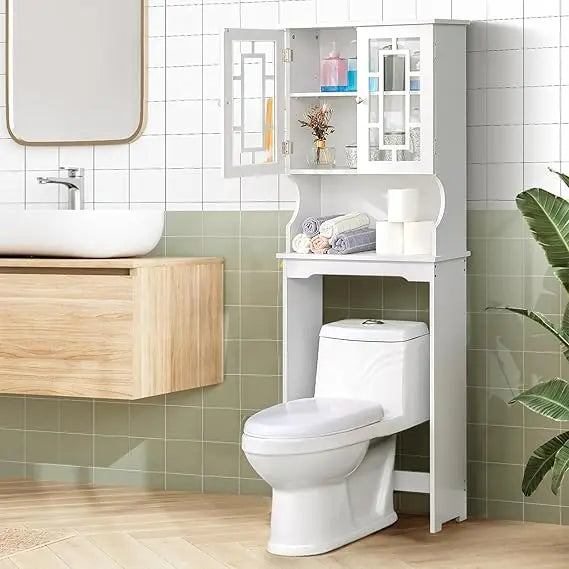 Over-the-Toilet Wooden Storage Cabinet with Adjustable Shelf and 2 Glass Doors - Space-Saving Bathroom Organizer and Home Storag