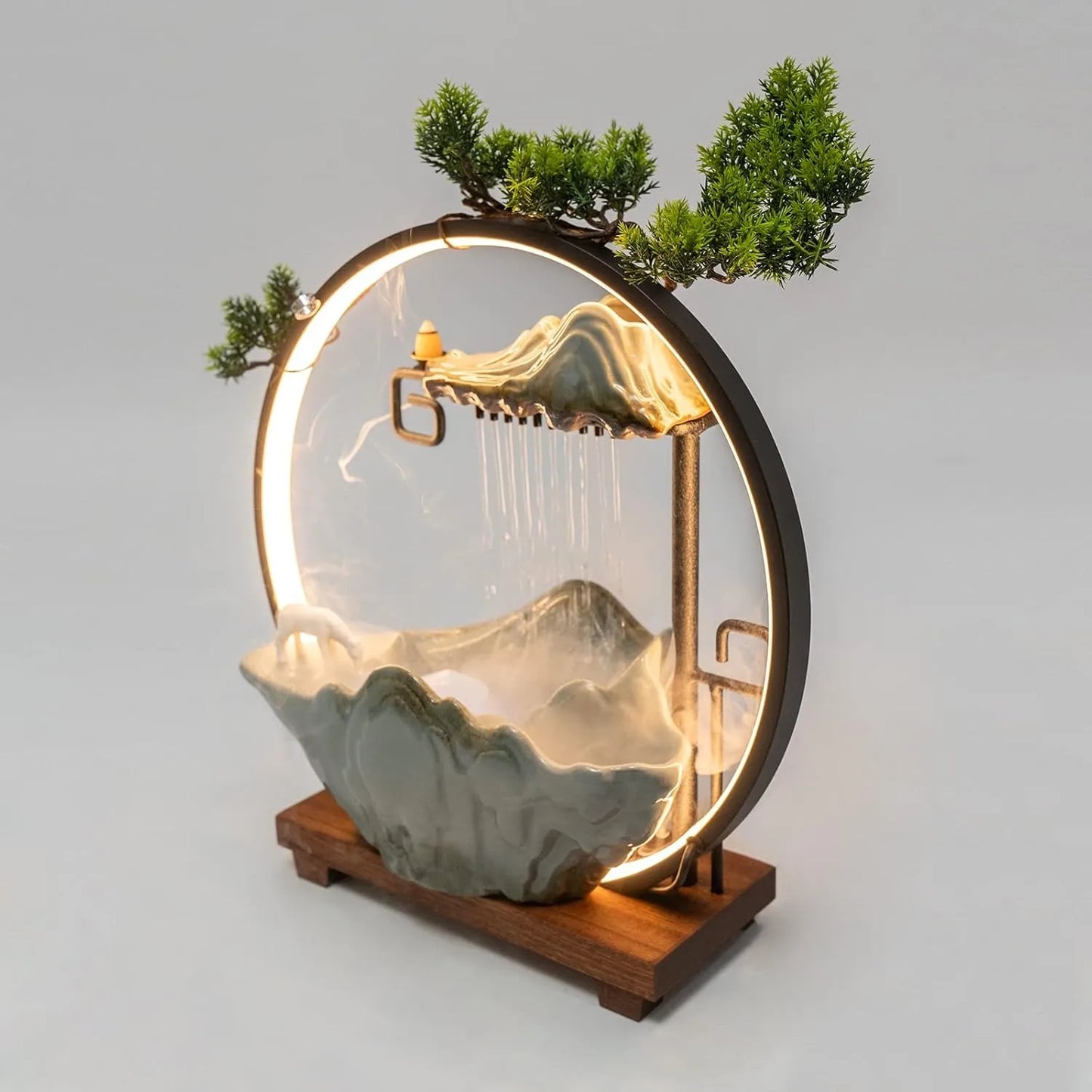Tabletop Water Fountain Indoor Waterfall with Round Led Light & Mist Maker and Incense Holder for Home Office Decor for Good Luck