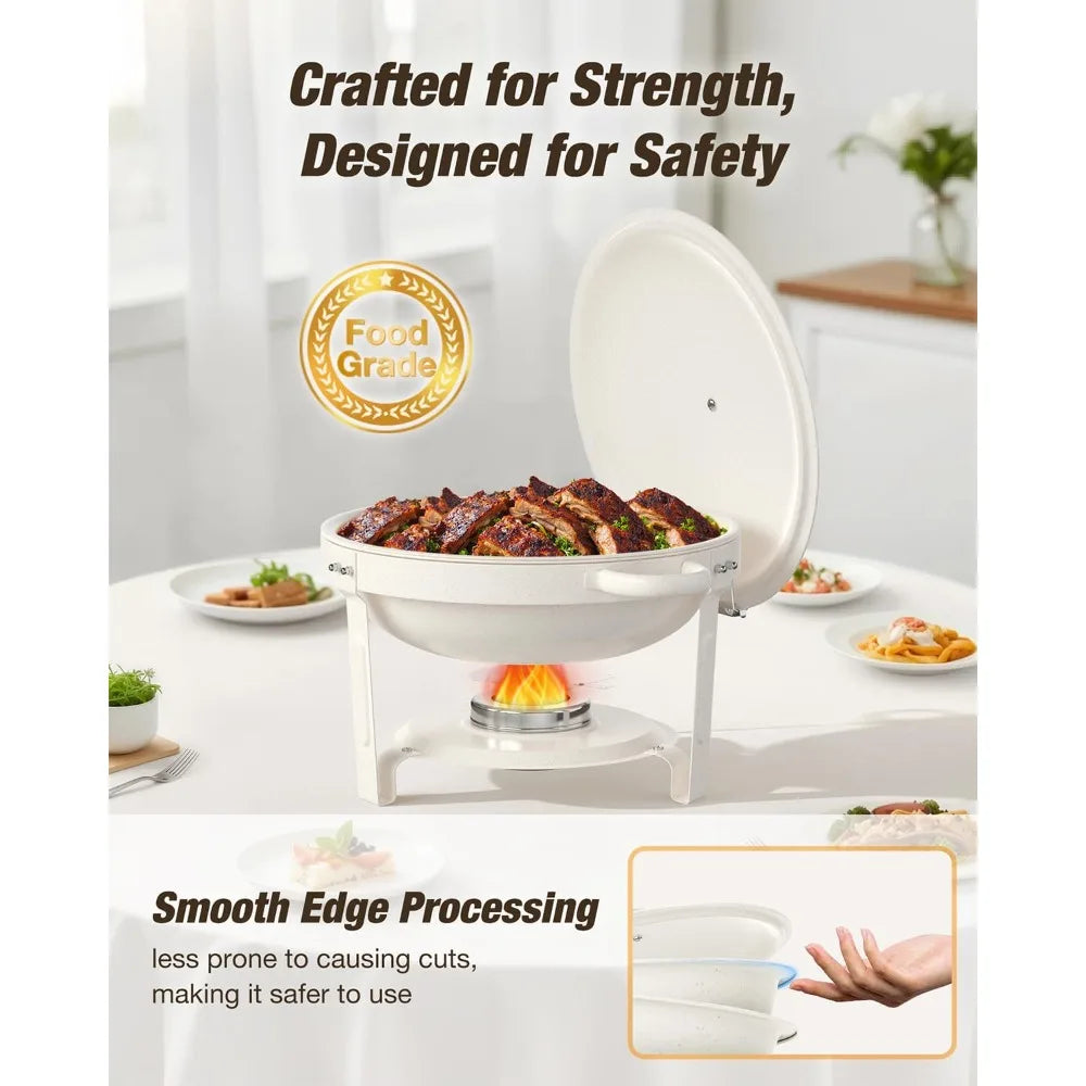 Round Chafing Dishes for Buffet (5QT, 4 Pack)-Maifanite-Coated, Food-Grade Stainless Steel, Rolled Edge Design, Lid Holder, Chaf