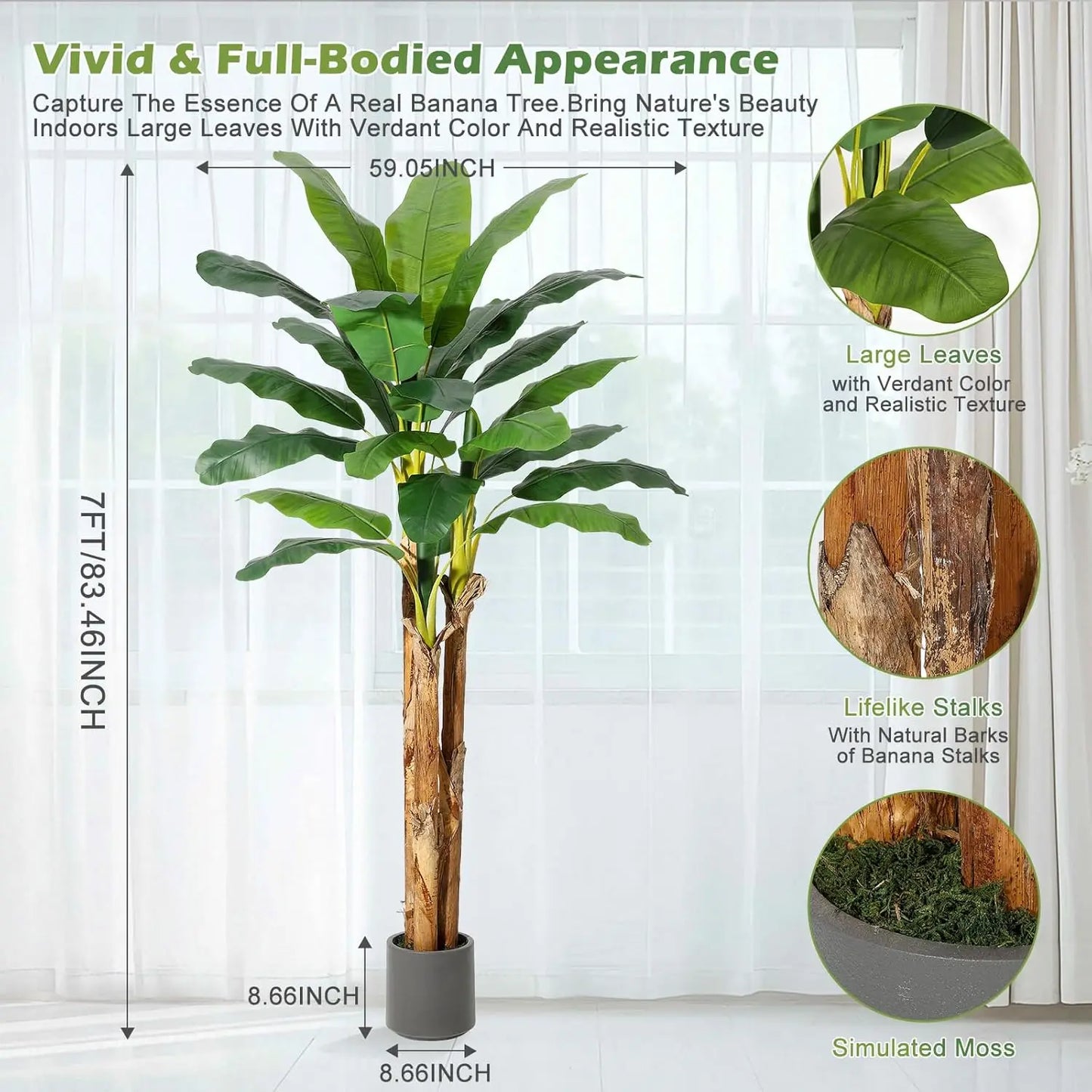 Artificial Banana Tree 7FT/6FT/5FT, Faux Banana Tree with Grey Planter, Artificial Plants with Fake Banana Leaves Plant for Home
