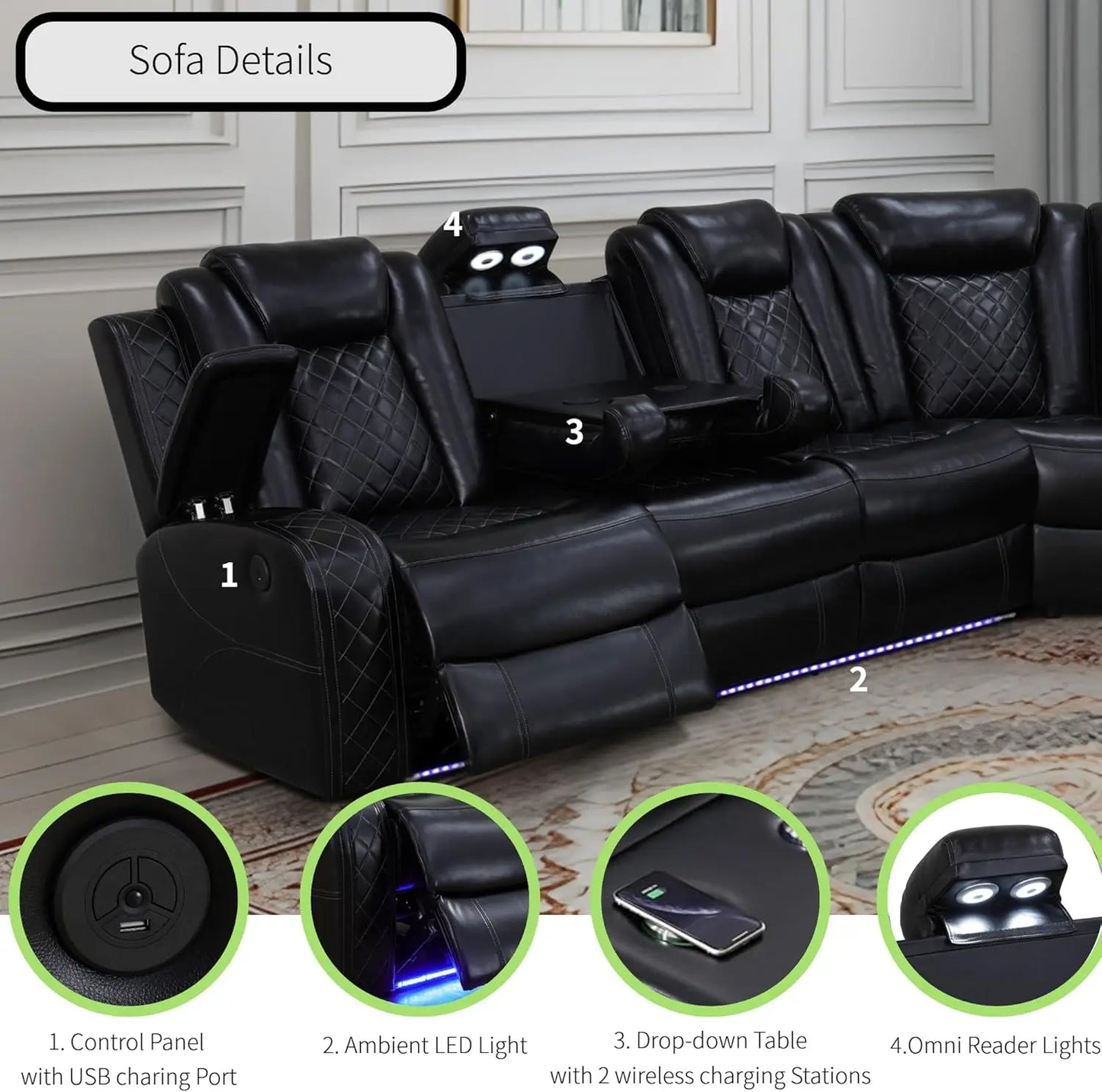 Power Recliner Sofa Sectional Sofa with LED Light for Living Room, Air Leather Reclining Corner Sectional Sofa Set