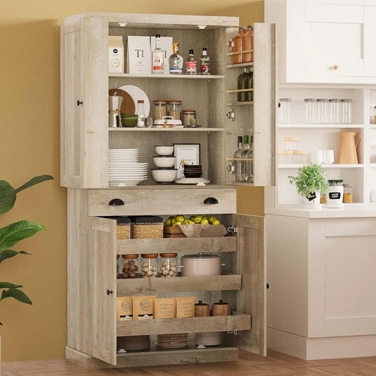 Kitchen Pantry Cabinet 72" Height, Freestanding Cupboard with Drawer, Sliding Storage Rack, and 6 Hanging Shelves, Cabinetry