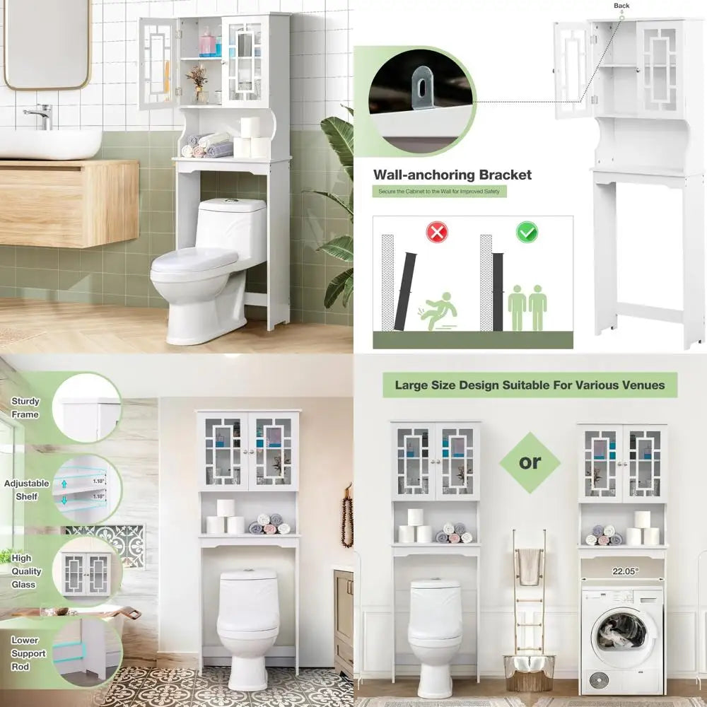 Over-the-Toilet Wooden Storage Cabinet with Adjustable Shelf and 2 Glass Doors - Space-Saving Bathroom Organizer and Home Storag